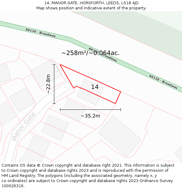14, MANOR GATE, HORSFORTH, LEEDS, LS18 4JD: Plot and title map