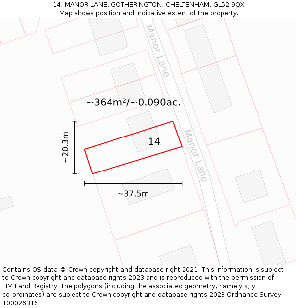 14, MANOR LANE, GOTHERINGTON, CHELTENHAM, GL52 9QX: Plot and title map