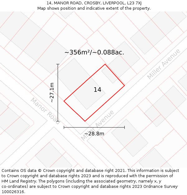 14, MANOR ROAD, CROSBY, LIVERPOOL, L23 7XJ: Plot and title map