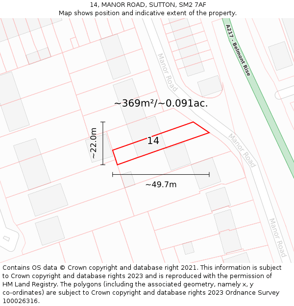 14, MANOR ROAD, SUTTON, SM2 7AF: Plot and title map