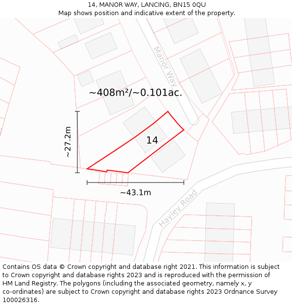 14, MANOR WAY, LANCING, BN15 0QU: Plot and title map