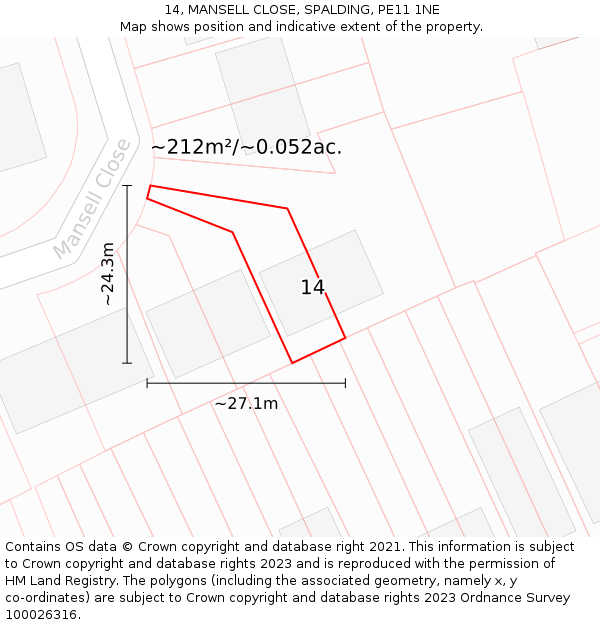 14, MANSELL CLOSE, SPALDING, PE11 1NE: Plot and title map