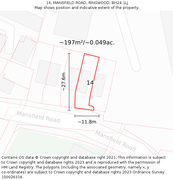 14, MANSFIELD ROAD, RINGWOOD, BH24 1LJ: Plot and title map