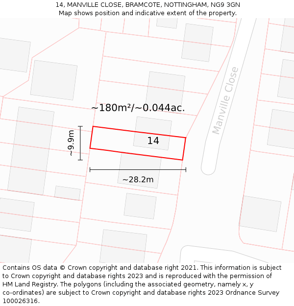 14, MANVILLE CLOSE, BRAMCOTE, NOTTINGHAM, NG9 3GN: Plot and title map