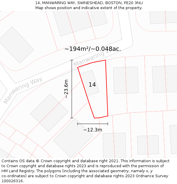 14, MANWARING WAY, SWINESHEAD, BOSTON, PE20 3NU: Plot and title map