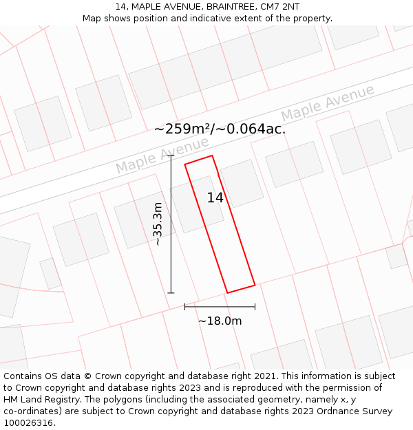 14, MAPLE AVENUE, BRAINTREE, CM7 2NT: Plot and title map