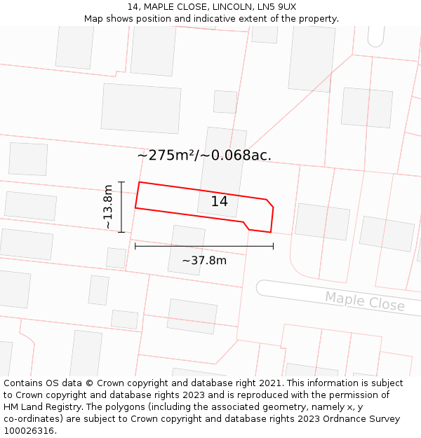 14, MAPLE CLOSE, LINCOLN, LN5 9UX: Plot and title map