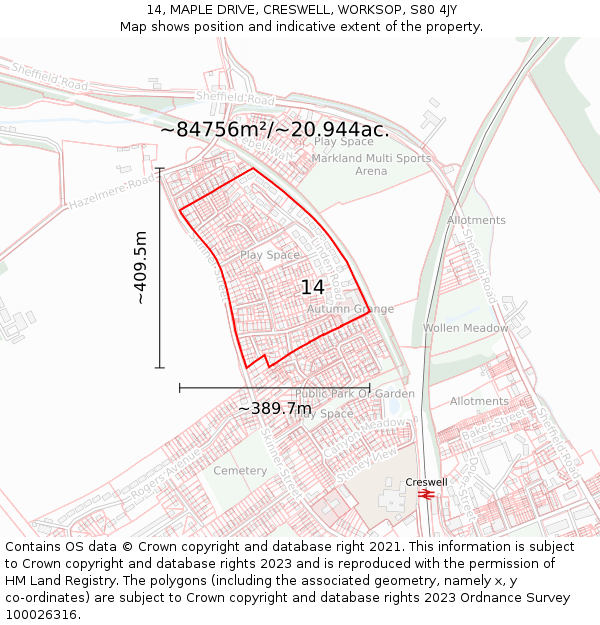 14, MAPLE DRIVE, CRESWELL, WORKSOP, S80 4JY: Plot and title map