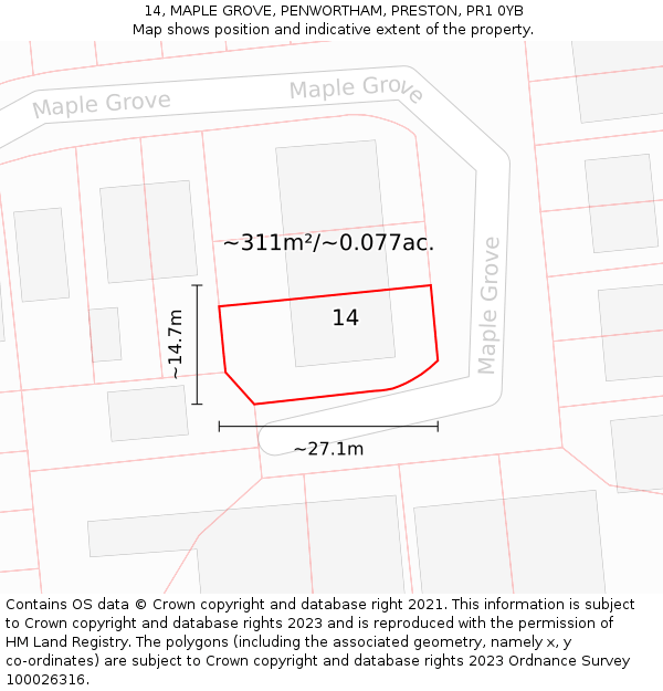 14, MAPLE GROVE, PENWORTHAM, PRESTON, PR1 0YB: Plot and title map