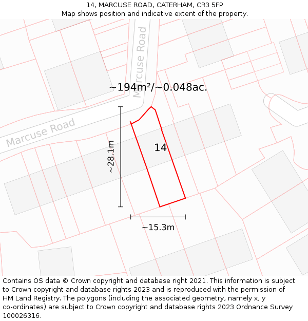 14, MARCUSE ROAD, CATERHAM, CR3 5FP: Plot and title map