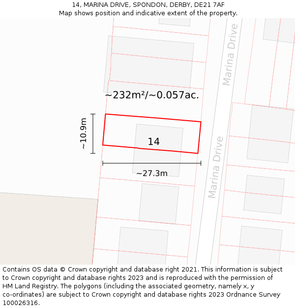 14, MARINA DRIVE, SPONDON, DERBY, DE21 7AF: Plot and title map