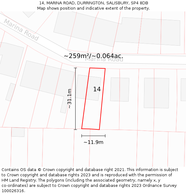 14, MARINA ROAD, DURRINGTON, SALISBURY, SP4 8DB: Plot and title map