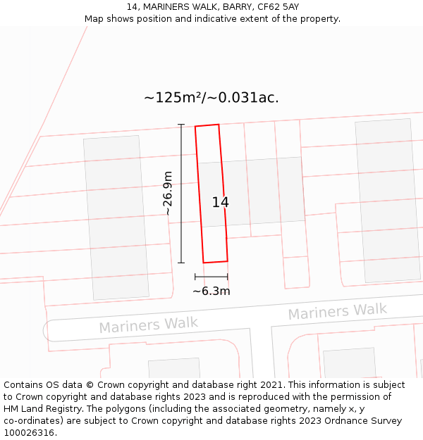 14, MARINERS WALK, BARRY, CF62 5AY: Plot and title map