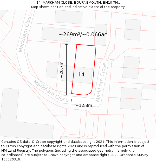 14, MARKHAM CLOSE, BOURNEMOUTH, BH10 7HU: Plot and title map