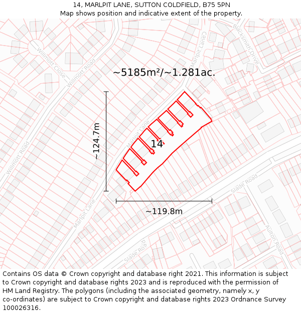 14, MARLPIT LANE, SUTTON COLDFIELD, B75 5PN: Plot and title map