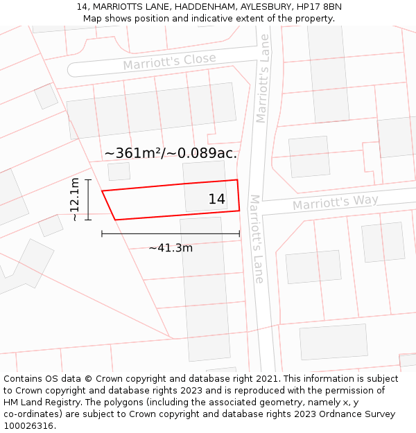 14, MARRIOTTS LANE, HADDENHAM, AYLESBURY, HP17 8BN: Plot and title map