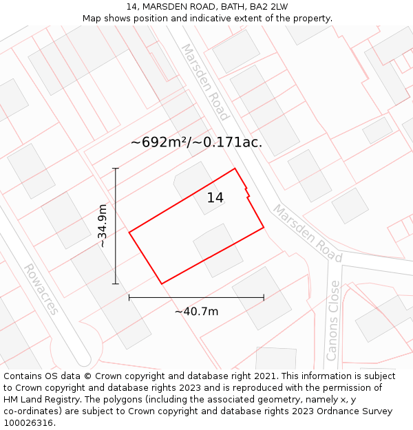 14, MARSDEN ROAD, BATH, BA2 2LW: Plot and title map