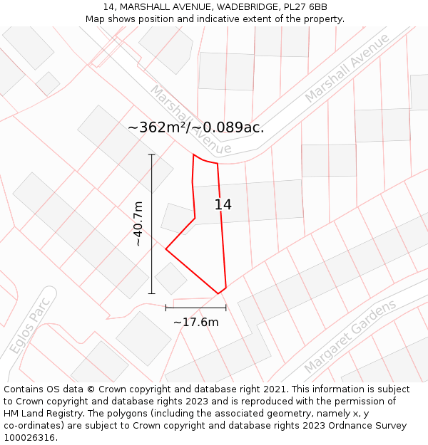 14, MARSHALL AVENUE, WADEBRIDGE, PL27 6BB: Plot and title map
