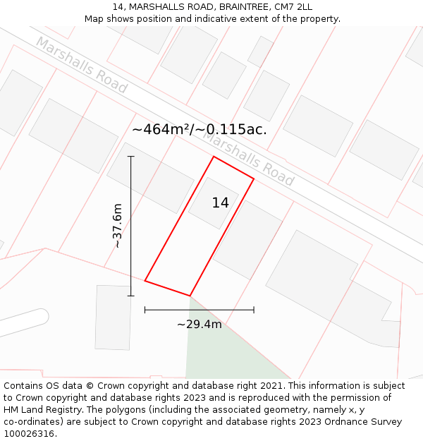 14, MARSHALLS ROAD, BRAINTREE, CM7 2LL: Plot and title map