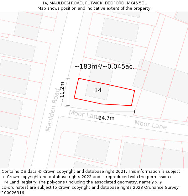14, MAULDEN ROAD, FLITWICK, BEDFORD, MK45 5BL: Plot and title map
