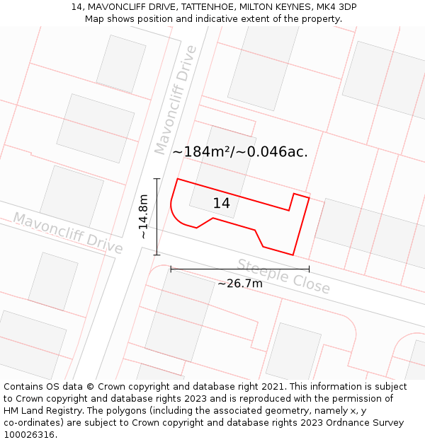 14, MAVONCLIFF DRIVE, TATTENHOE, MILTON KEYNES, MK4 3DP: Plot and title map