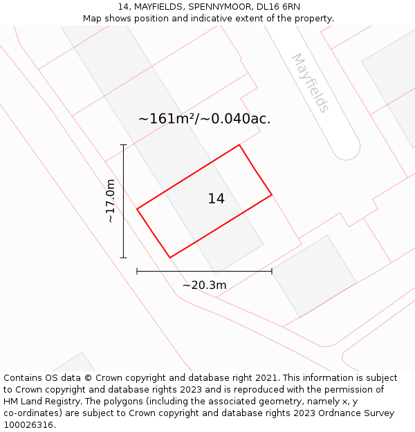 14, MAYFIELDS, SPENNYMOOR, DL16 6RN: Plot and title map