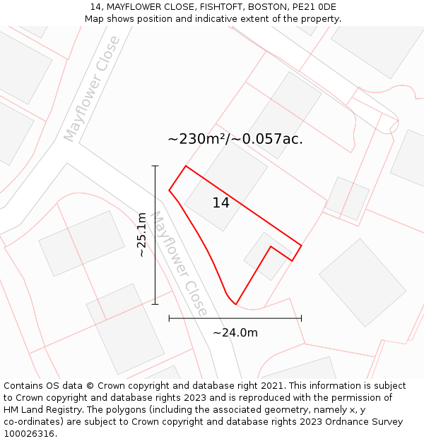 14, MAYFLOWER CLOSE, FISHTOFT, BOSTON, PE21 0DE: Plot and title map