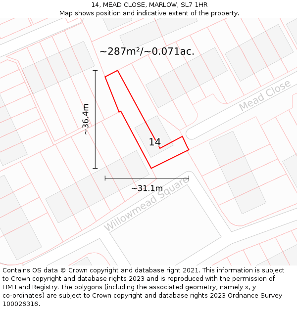 14, MEAD CLOSE, MARLOW, SL7 1HR: Plot and title map
