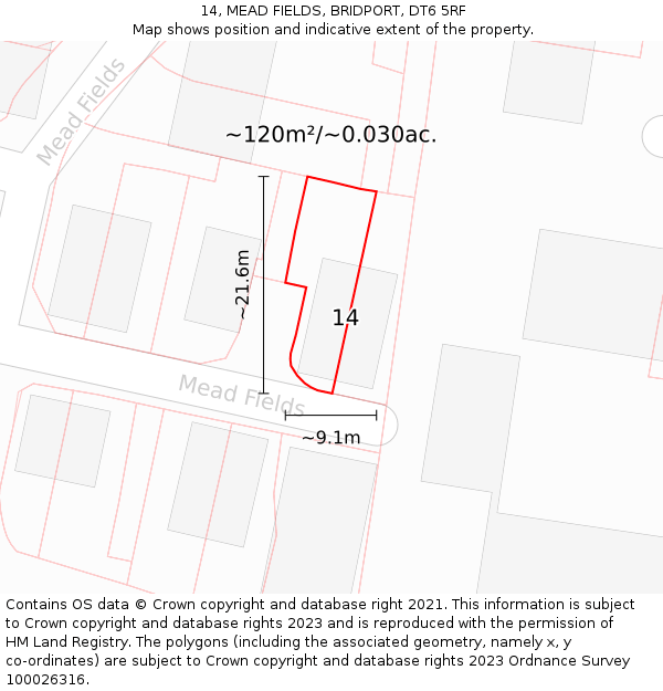 14, MEAD FIELDS, BRIDPORT, DT6 5RF: Plot and title map