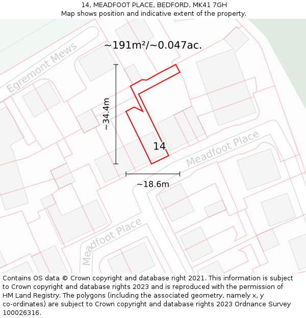 14, MEADFOOT PLACE, BEDFORD, MK41 7GH: Plot and title map