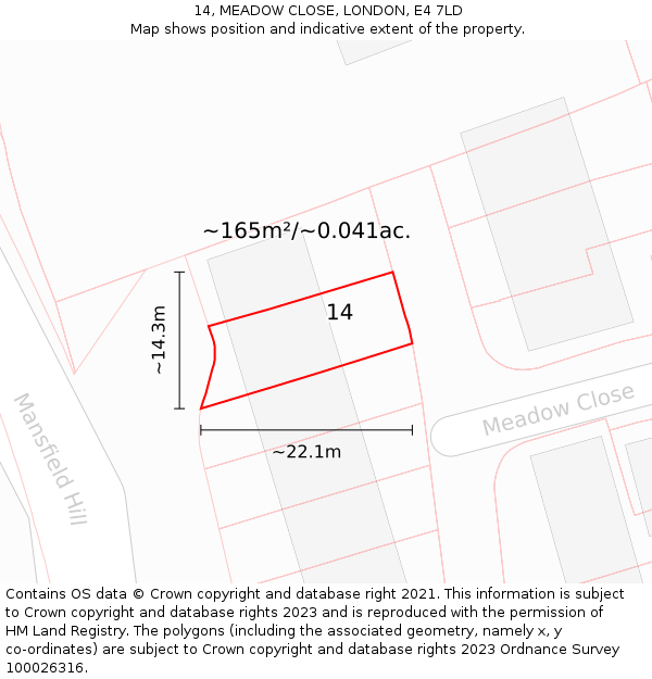 14, MEADOW CLOSE, LONDON, E4 7LD: Plot and title map