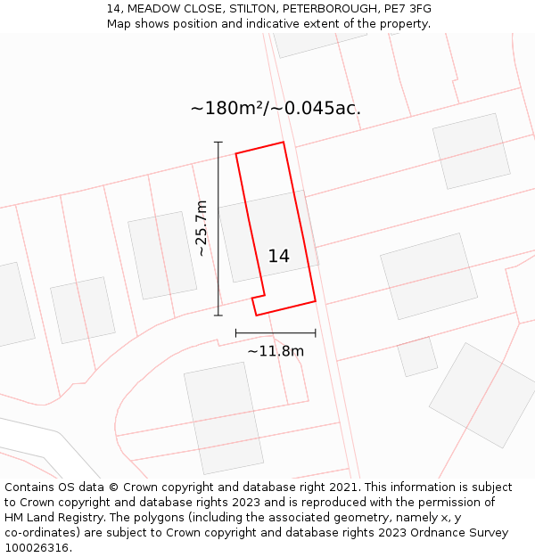 14, MEADOW CLOSE, STILTON, PETERBOROUGH, PE7 3FG: Plot and title map