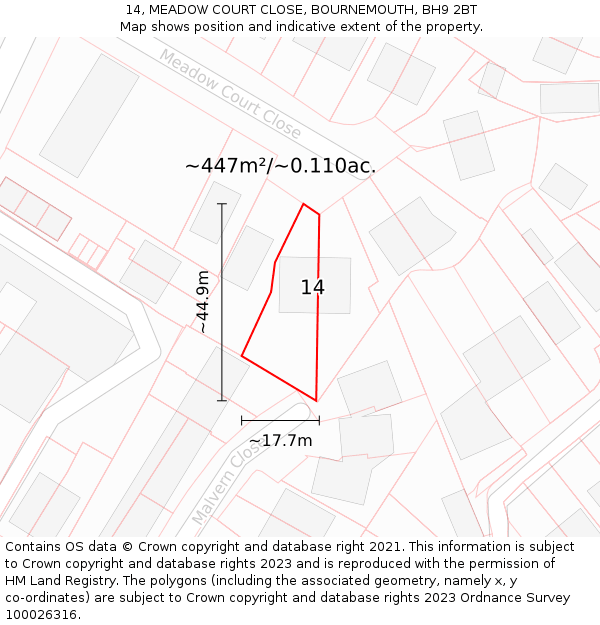14, MEADOW COURT CLOSE, BOURNEMOUTH, BH9 2BT: Plot and title map