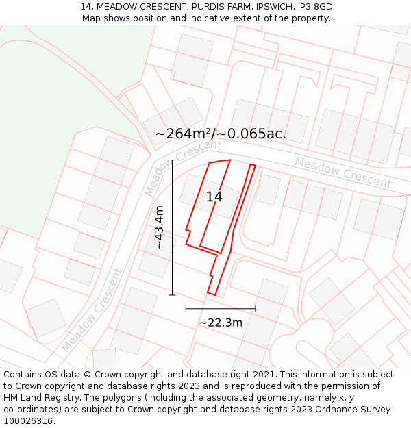 14, MEADOW CRESCENT, PURDIS FARM, IPSWICH, IP3 8GD: Plot and title map