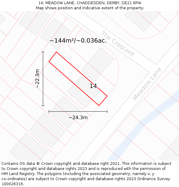 14, MEADOW LANE, CHADDESDEN, DERBY, DE21 6PW: Plot and title map