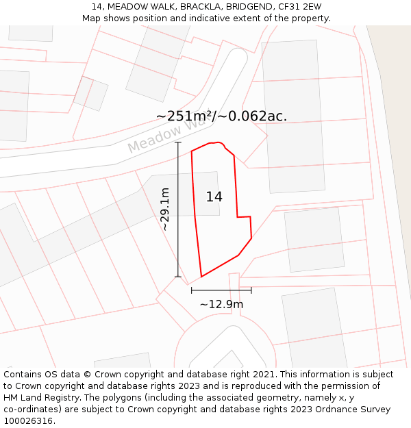 14, MEADOW WALK, BRACKLA, BRIDGEND, CF31 2EW: Plot and title map
