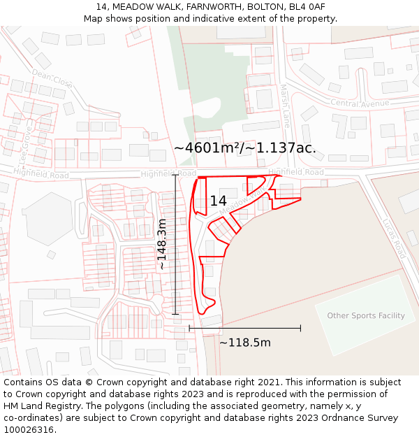 14, MEADOW WALK, FARNWORTH, BOLTON, BL4 0AF: Plot and title map