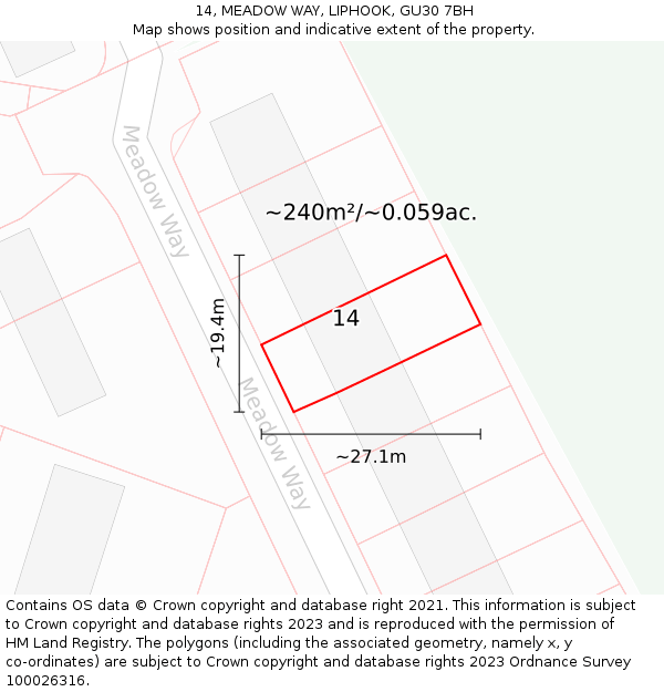 14, MEADOW WAY, LIPHOOK, GU30 7BH: Plot and title map
