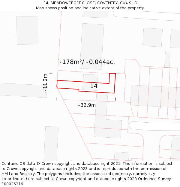 14, MEADOWCROFT CLOSE, COVENTRY, CV4 9HD: Plot and title map