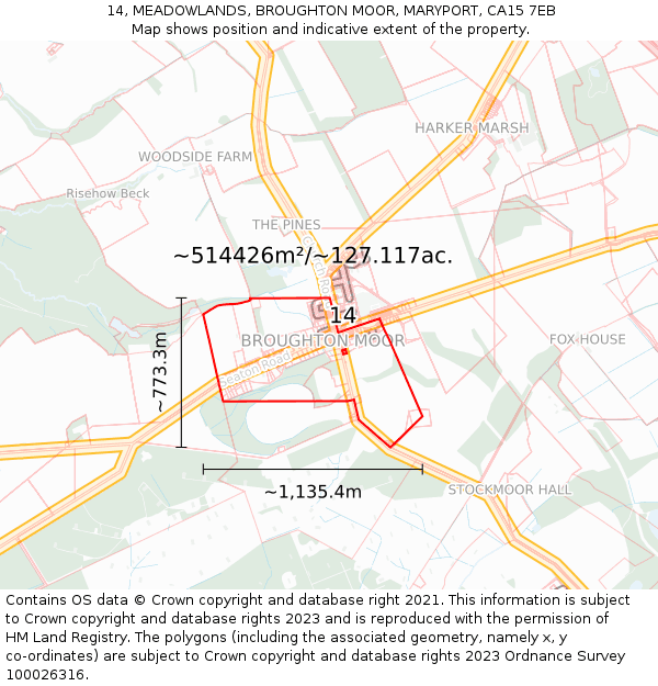14, MEADOWLANDS, BROUGHTON MOOR, MARYPORT, CA15 7EB: Plot and title map