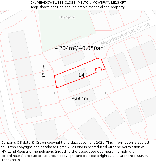 14, MEADOWSWEET CLOSE, MELTON MOWBRAY, LE13 0FT: Plot and title map
