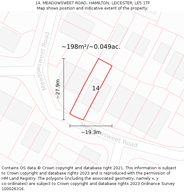 14, MEADOWSWEET ROAD, HAMILTON, LEICESTER, LE5 1TP: Plot and title map