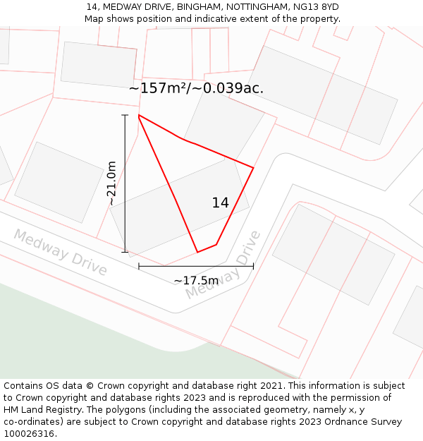 14, MEDWAY DRIVE, BINGHAM, NOTTINGHAM, NG13 8YD: Plot and title map