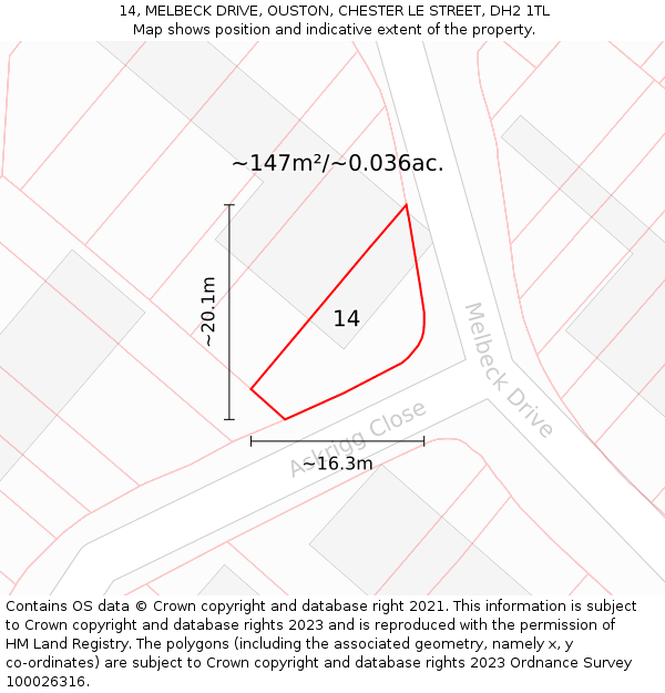 14, MELBECK DRIVE, OUSTON, CHESTER LE STREET, DH2 1TL: Plot and title map