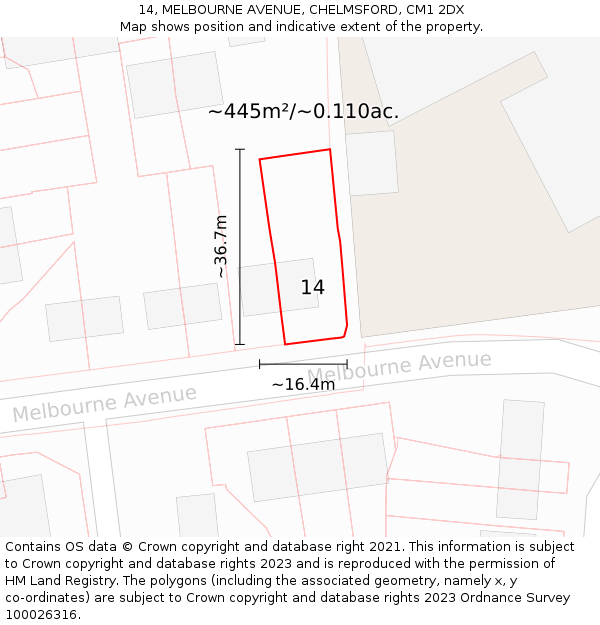 14, MELBOURNE AVENUE, CHELMSFORD, CM1 2DX: Plot and title map