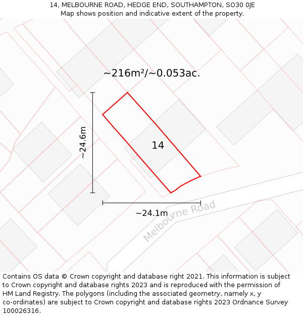 14, MELBOURNE ROAD, HEDGE END, SOUTHAMPTON, SO30 0JE: Plot and title map