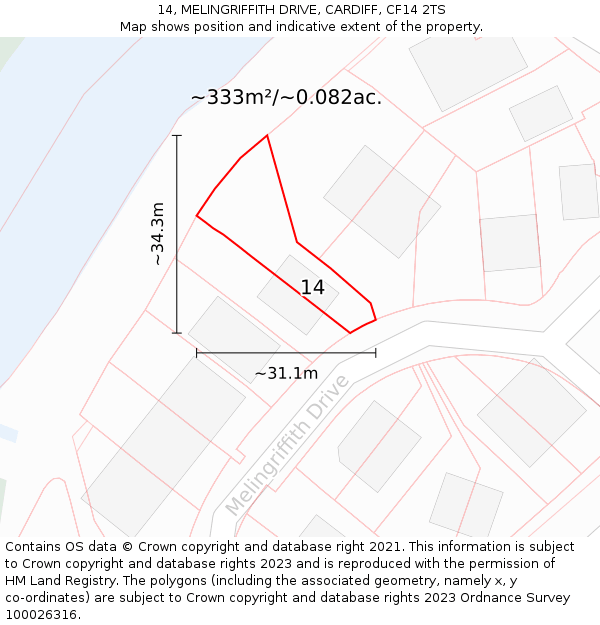 14, MELINGRIFFITH DRIVE, CARDIFF, CF14 2TS: Plot and title map