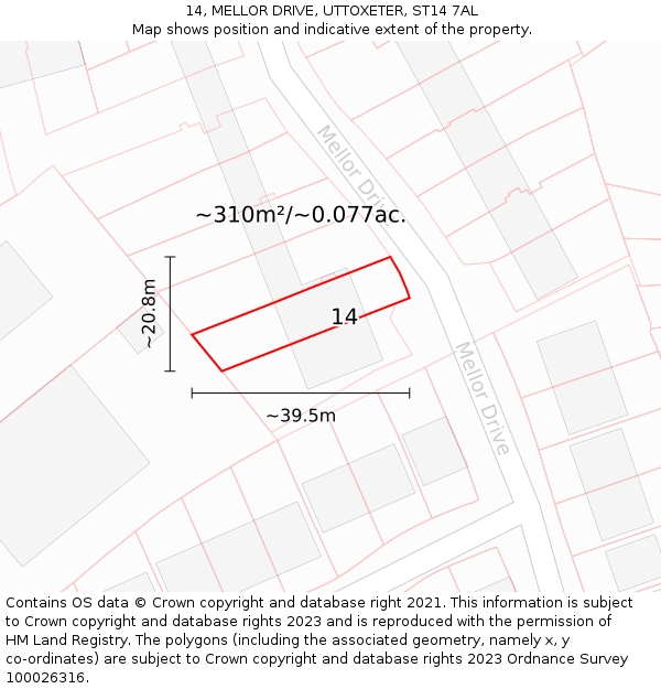 14, MELLOR DRIVE, UTTOXETER, ST14 7AL: Plot and title map