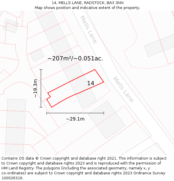 14, MELLS LANE, RADSTOCK, BA3 3NN: Plot and title map