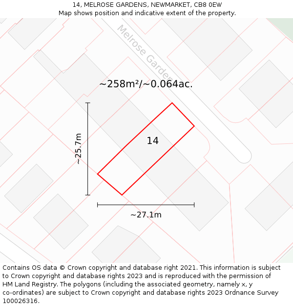 14, MELROSE GARDENS, NEWMARKET, CB8 0EW: Plot and title map